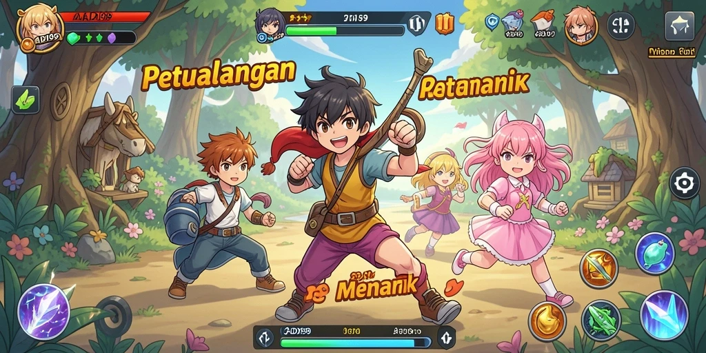 Screenshot gameplay ADI99 dengan karakter anime yang beraksi.
