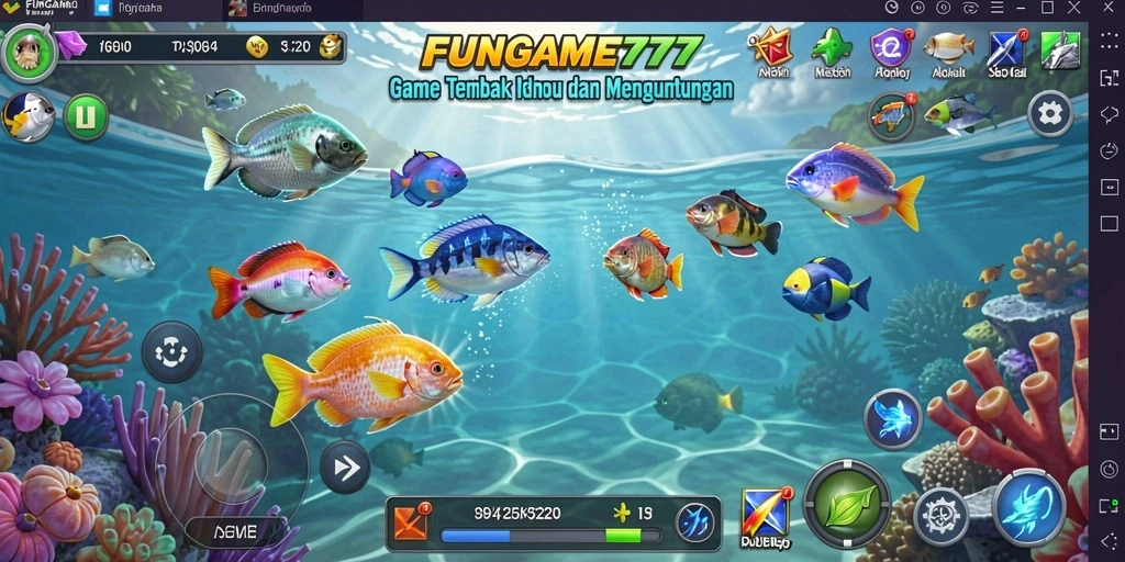 Tampilan gameplay FUNGame777 dengan aksi menembak ikan yang seru.