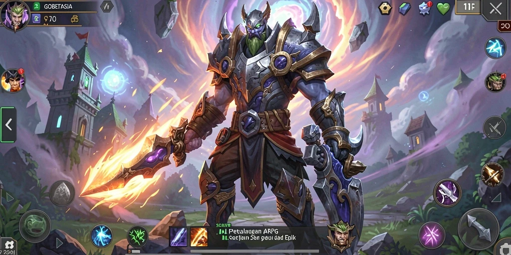 Tampilan gameplay GOBETASIA dengan pertarungan epik dan karakter menarik.