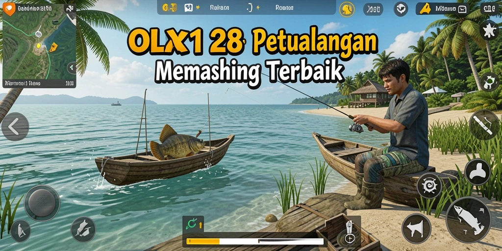 Tampilan gameplay OLX128 dengan berbagai jenis ikan dan lokasi memancing yang menarik.