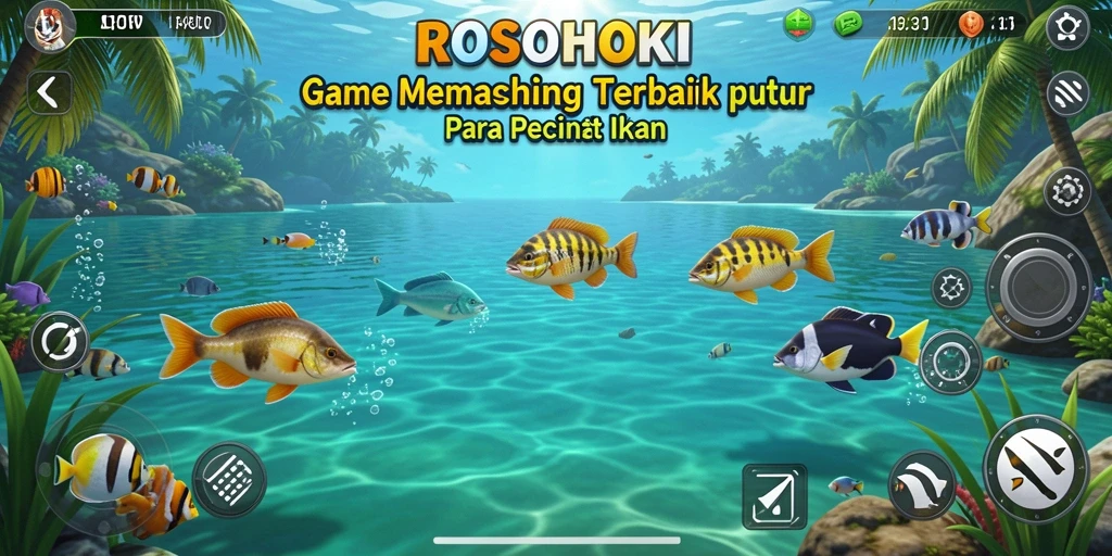 Screenshot gameplay ROSOHOKI yang menunjukkan aksi memancing seru.